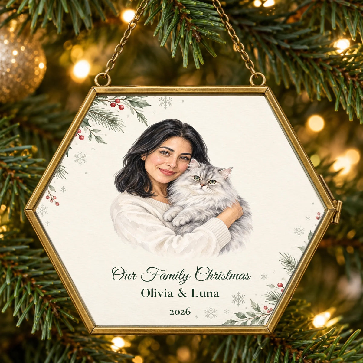 Personalized Hexagon family and pet watercolor brass ornament hanging on a Christmas tree