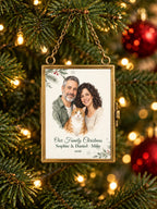 Personalized vintage brass vertical family and pet frame ornament hanging by a chain on a Christmas tree