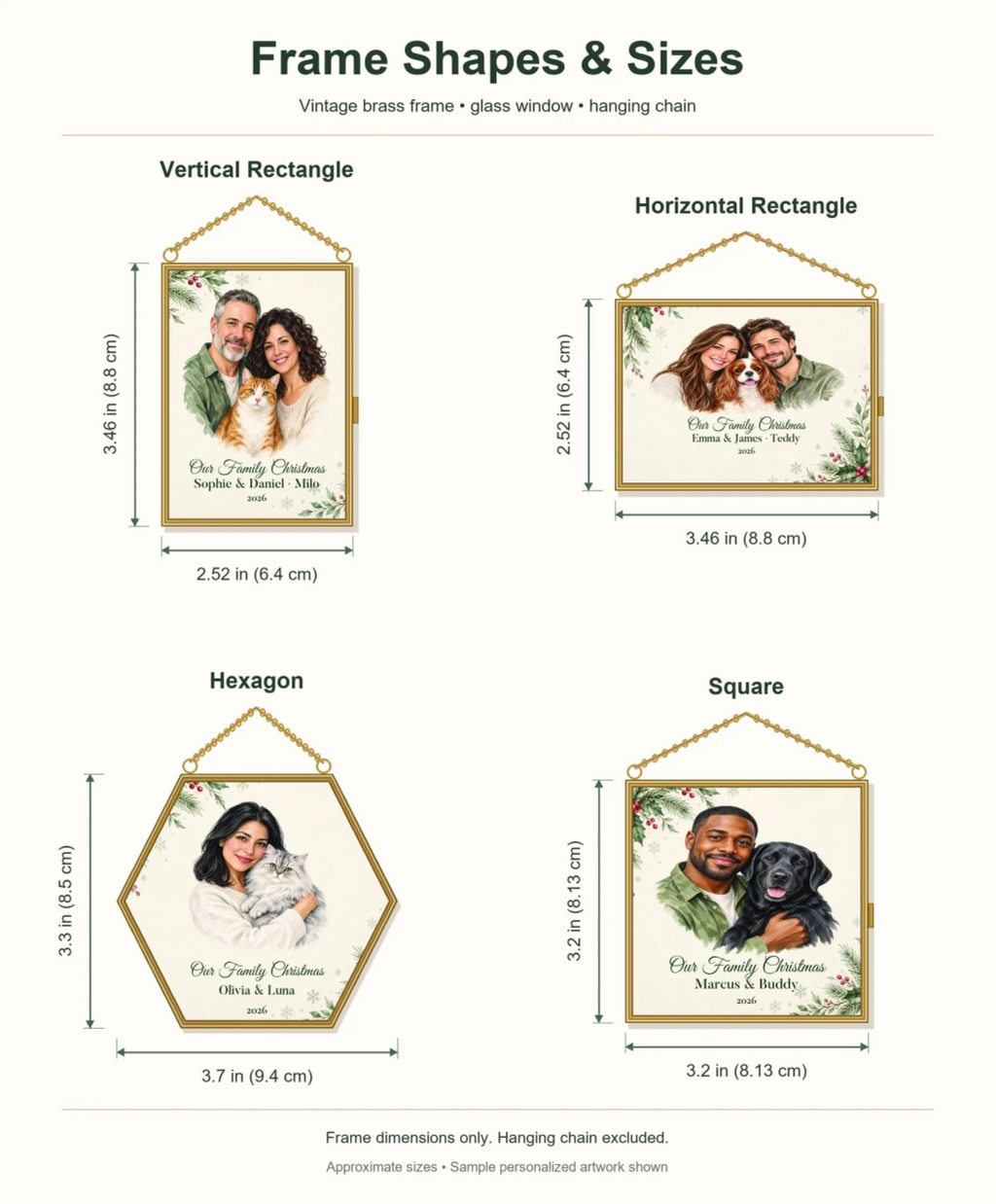Frame shapes and sizes: vertical 2.52 x 3.46 in, horizontal 3.46 x 2.52 in, square 3.2 x 3.2 in, hexagon 3.7 x 3.3 in; chain excluded