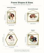 Frame shapes and sizes: vertical 2.52 x 3.46 in, horizontal 3.46 x 2.52 in, square 3.2 x 3.2 in, hexagon 3.7 x 3.3 in; chain excluded