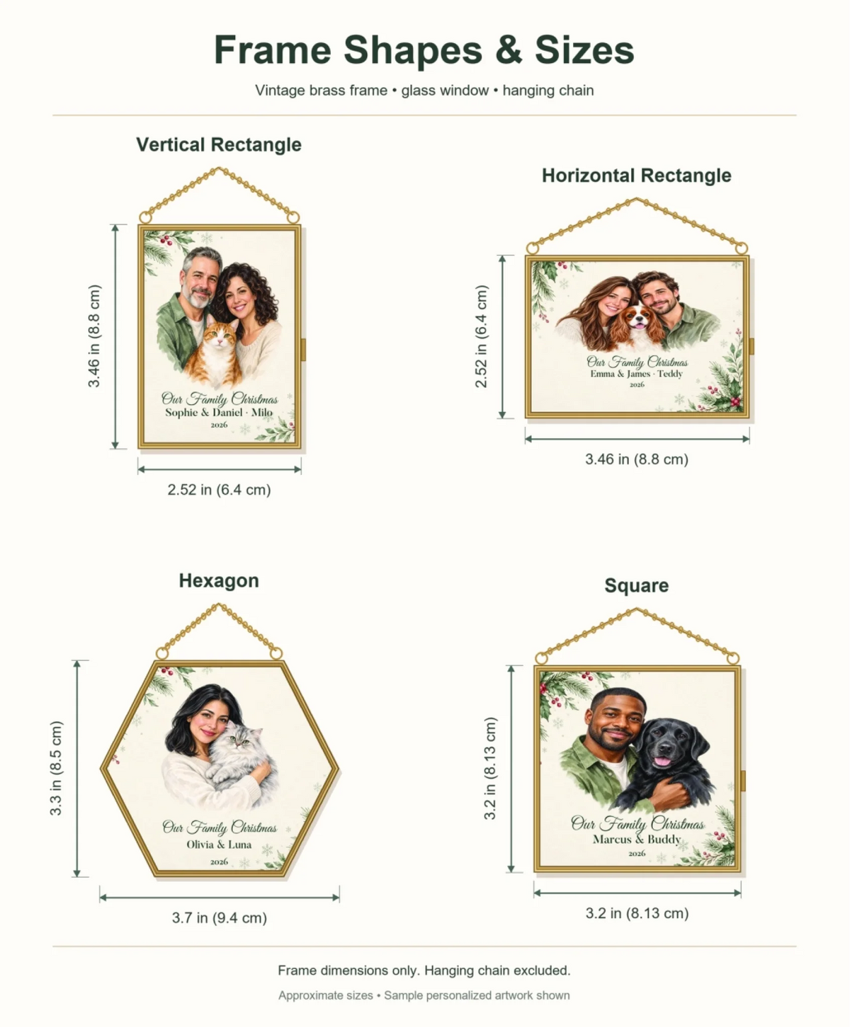 Frame shapes and sizes: vertical 2.52 x 3.46 in, horizontal 3.46 x 2.52 in, square 3.2 x 3.2 in, hexagon 3.7 x 3.3 in; chain excluded