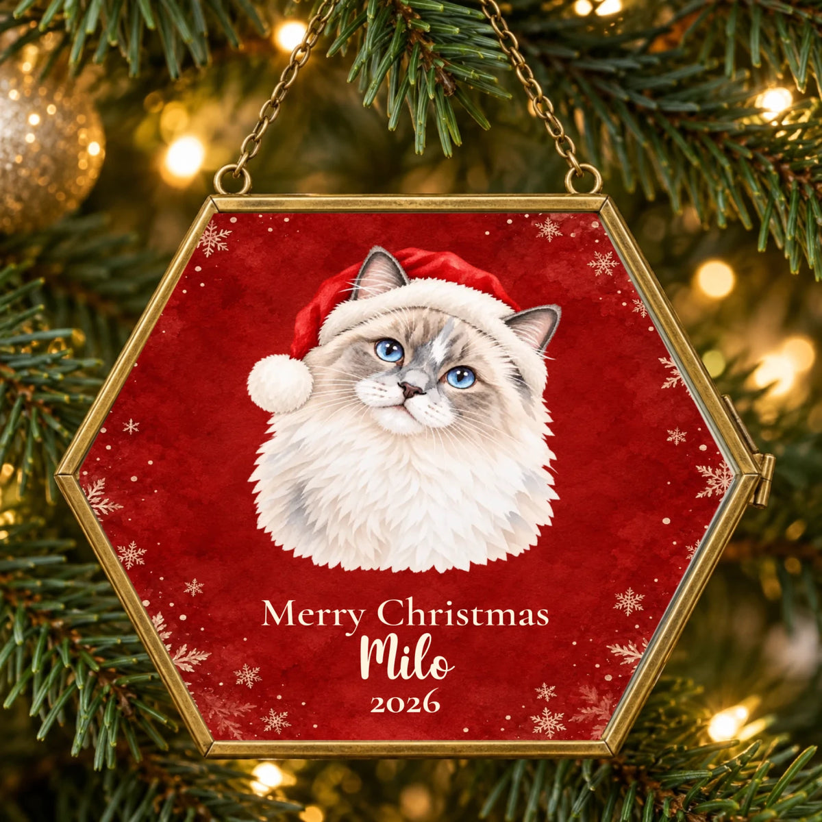 Personalized vintage brass hexagon pet watercolor frame ornament