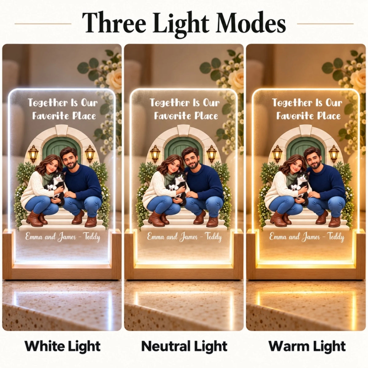 Three switchable light modes: White Light, Neutral Light and Warm Light. Example portrait.