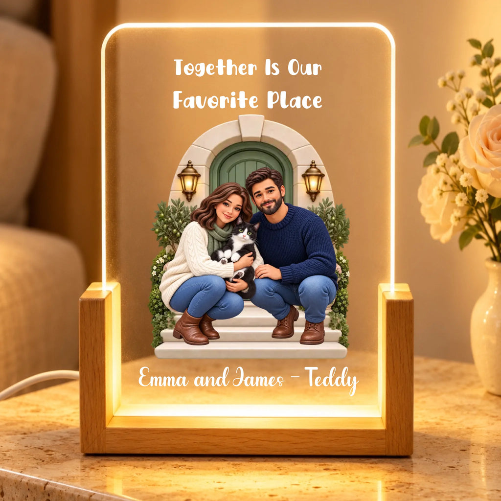 Natural Wood personalized family and pet acrylic night light on a travertine table with flowers