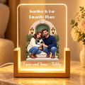 Natural Wood personalized family and pet acrylic night light on a travertine table with flowers