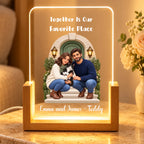 Natural Wood personalized family and pet acrylic night light on a travertine table with flowers