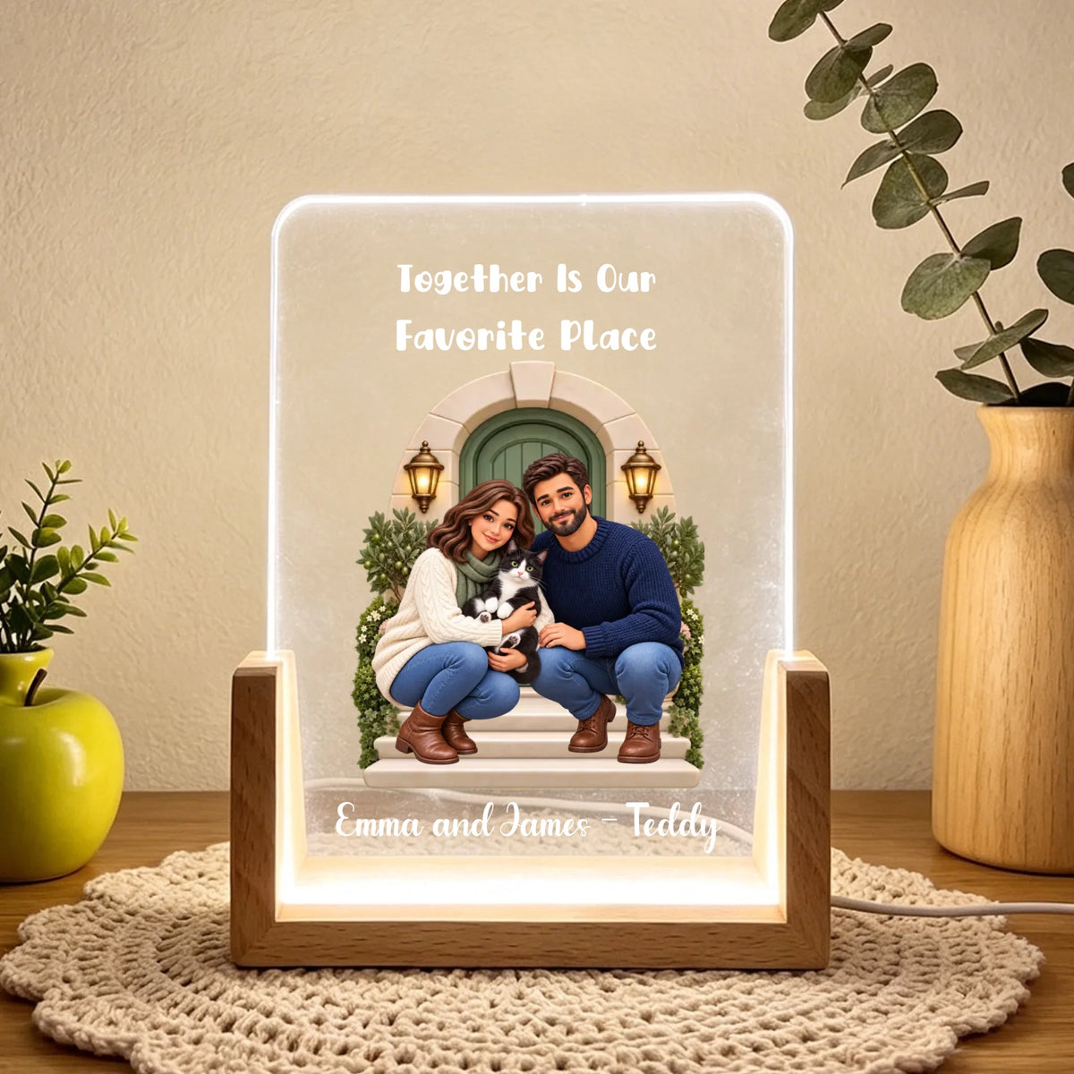 White light — live personalized acrylic night light, Natural Wood