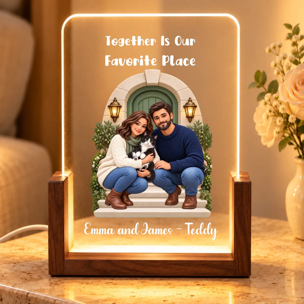 Walnut personalized family and pet acrylic night light on a travertine table with flowers