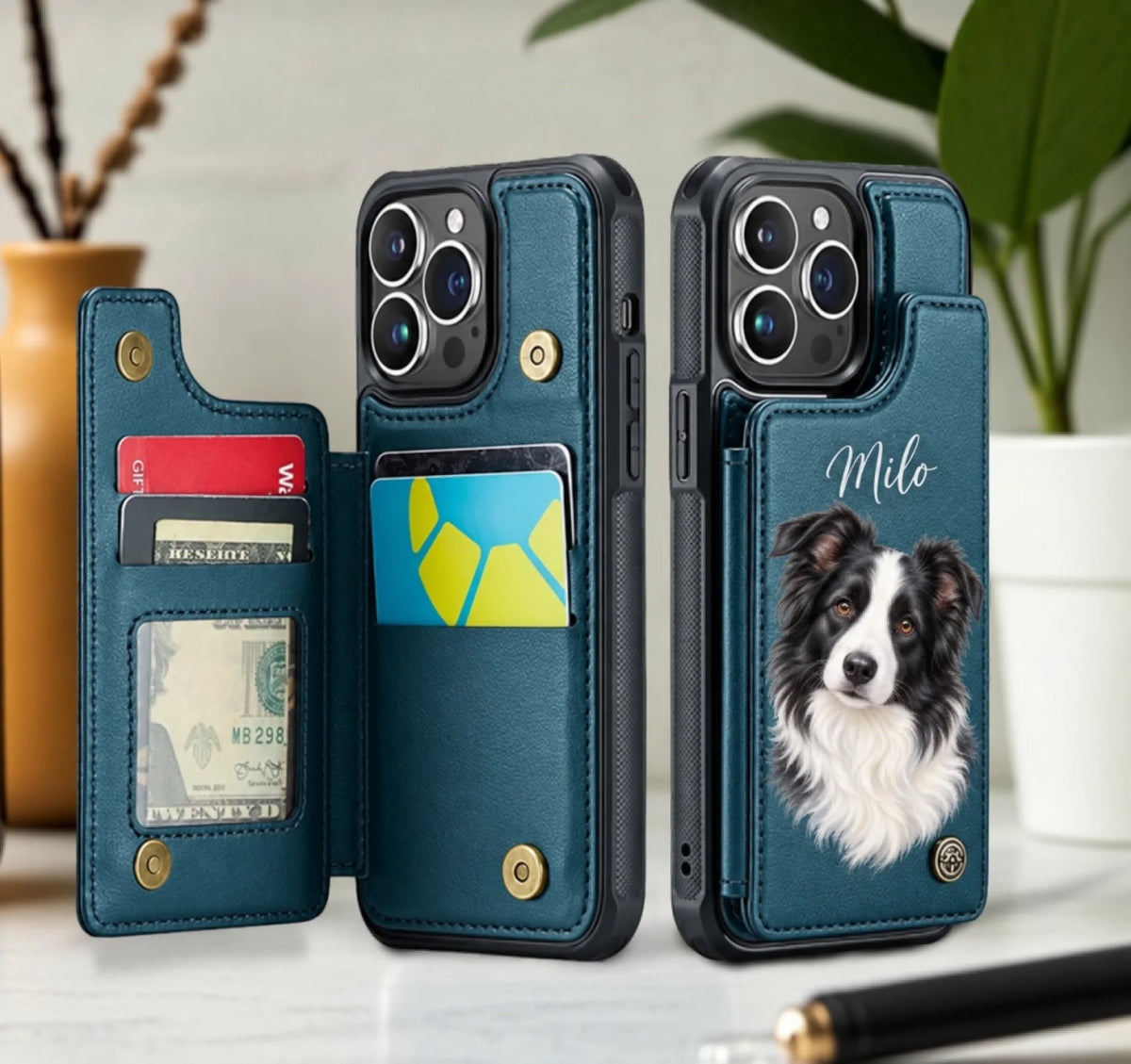 Static example: Greenish Blue wallet phone case open with card slots, beside the closed Milo design