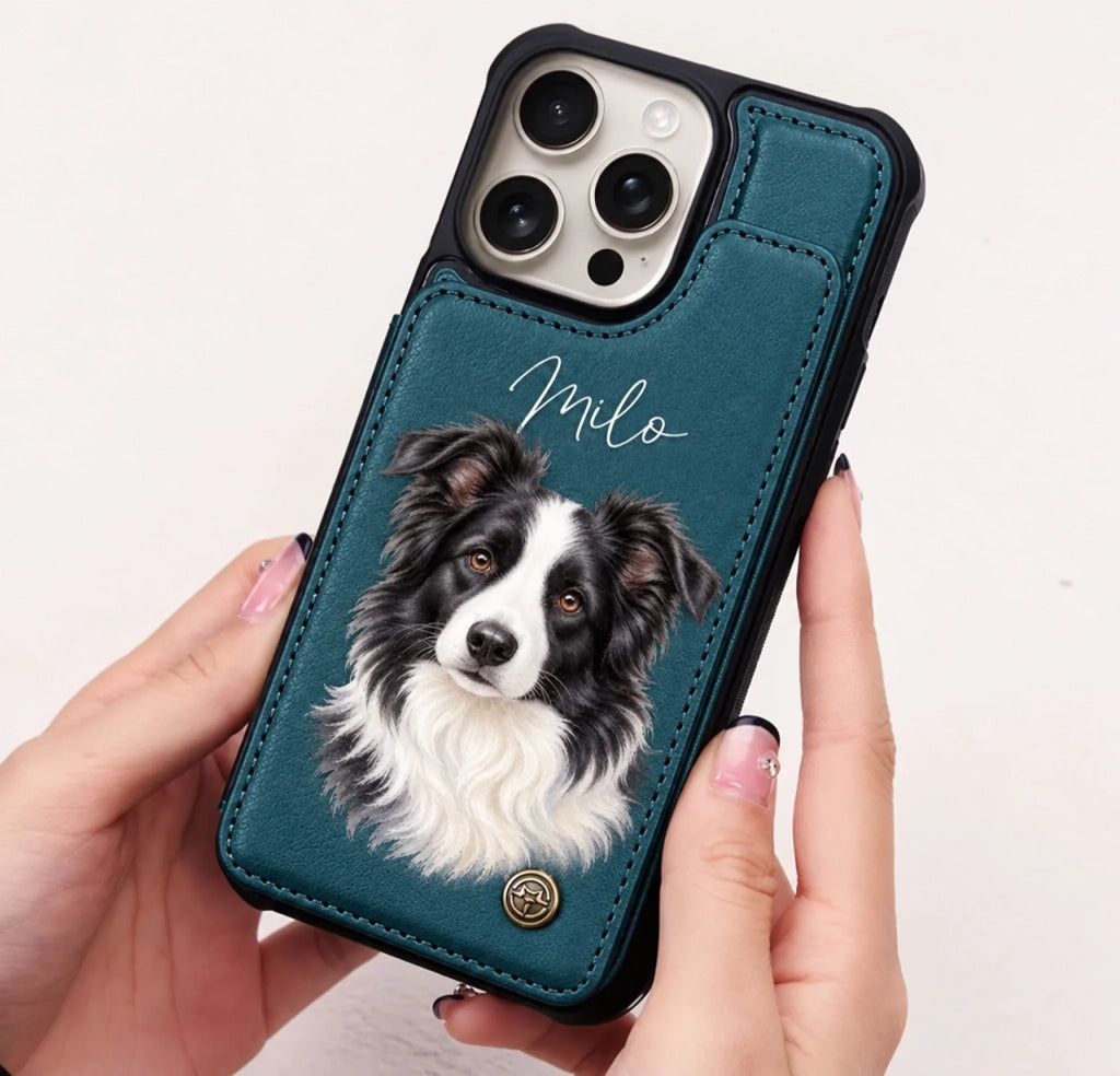 Static example: Milo personalized Greenish Blue wallet phone case held in hands
