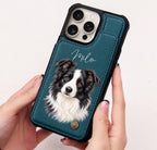Static example: Milo personalized Greenish Blue wallet phone case held in hands
