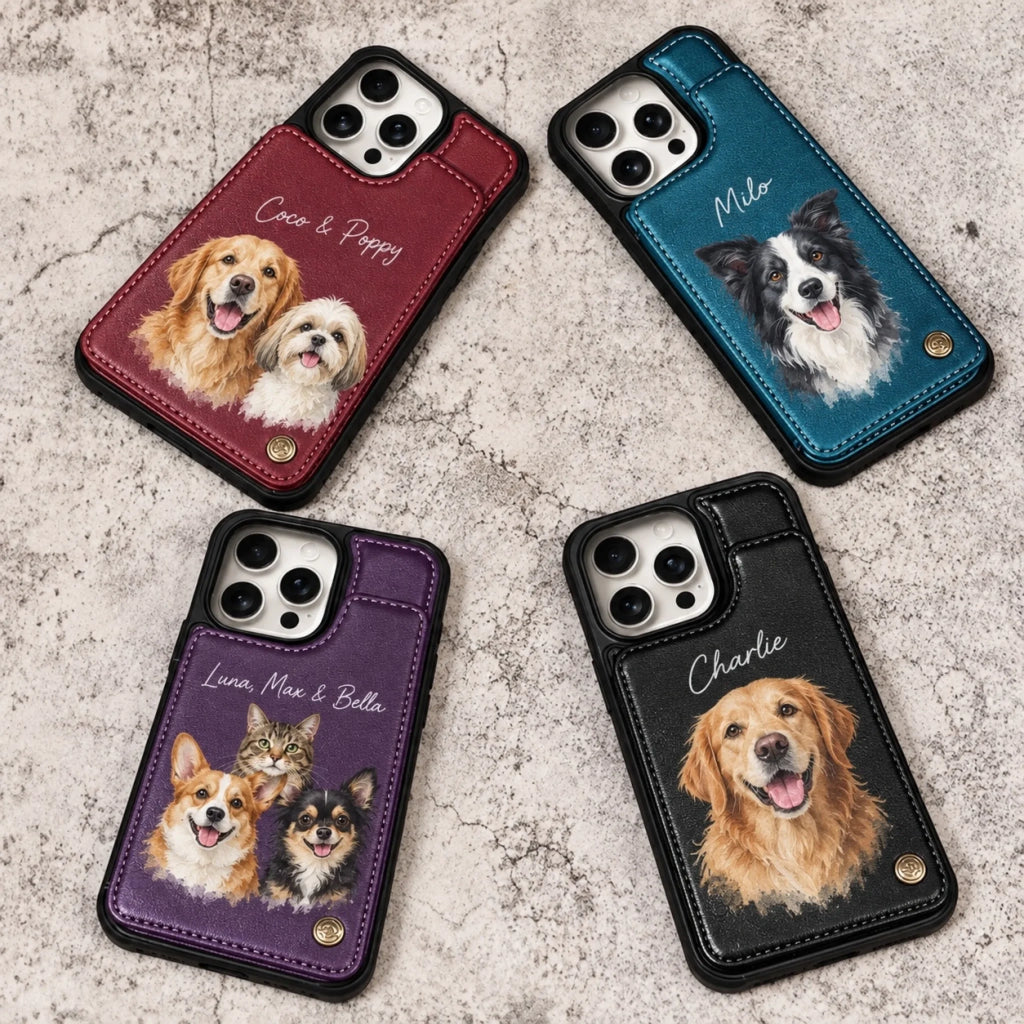 Four wallet case colors with watercolor portraits of one, two and three pets
