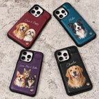 Four wallet case colors with watercolor portraits of one, two and three pets