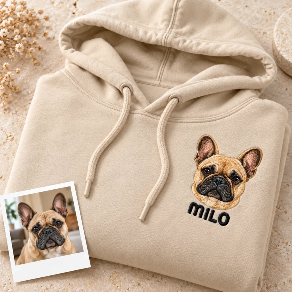 Natural pet embroidery mockup with illustrative matching pet photo
