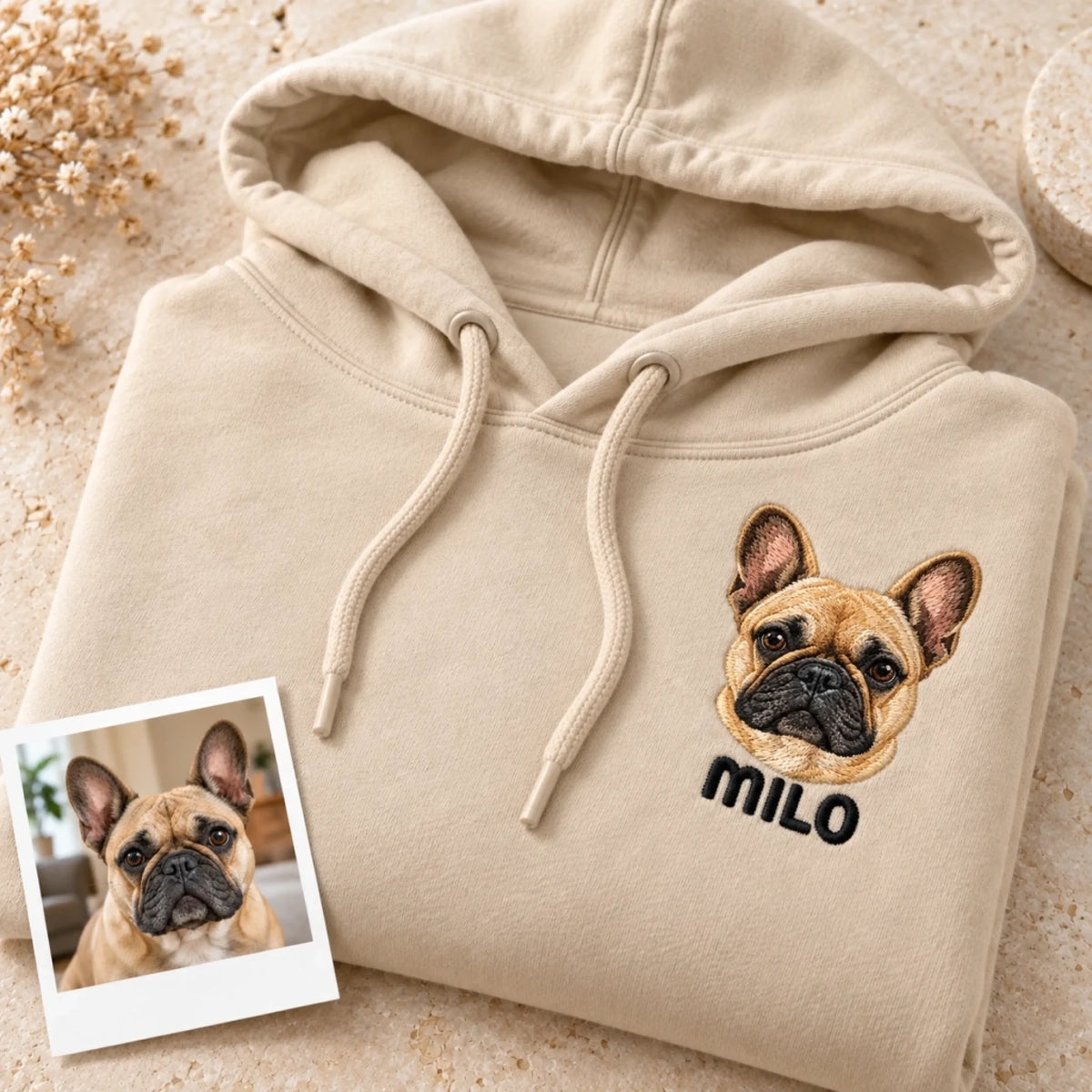 Natural pet embroidery mockup with illustrative matching pet photo
