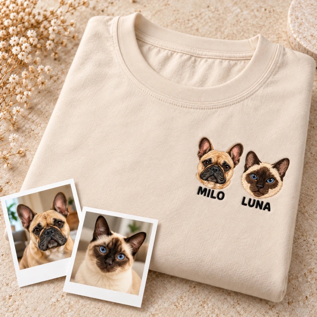Natural pet embroidery mockup with illustrative matching pet photo