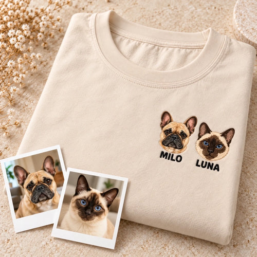 Natural pet embroidery mockup with illustrative matching pet photo