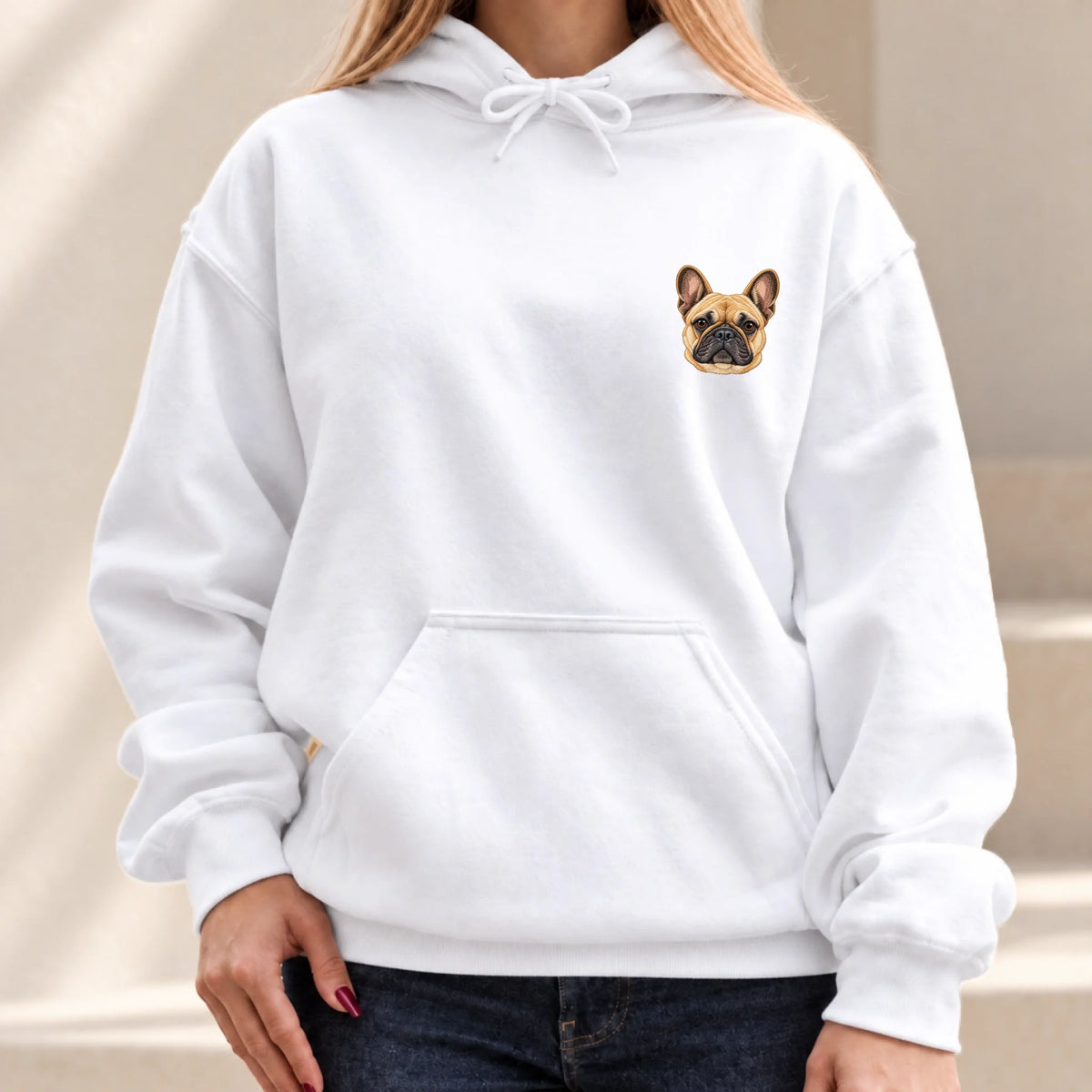 Woman wearing hoodie — live personalized pet design
