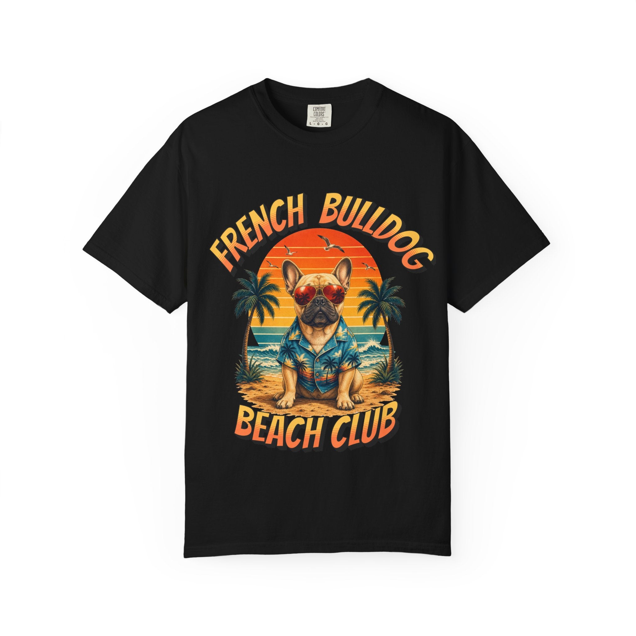 French Bulldog Beach Club T-Shirt — Retro Tropical Dog Tee