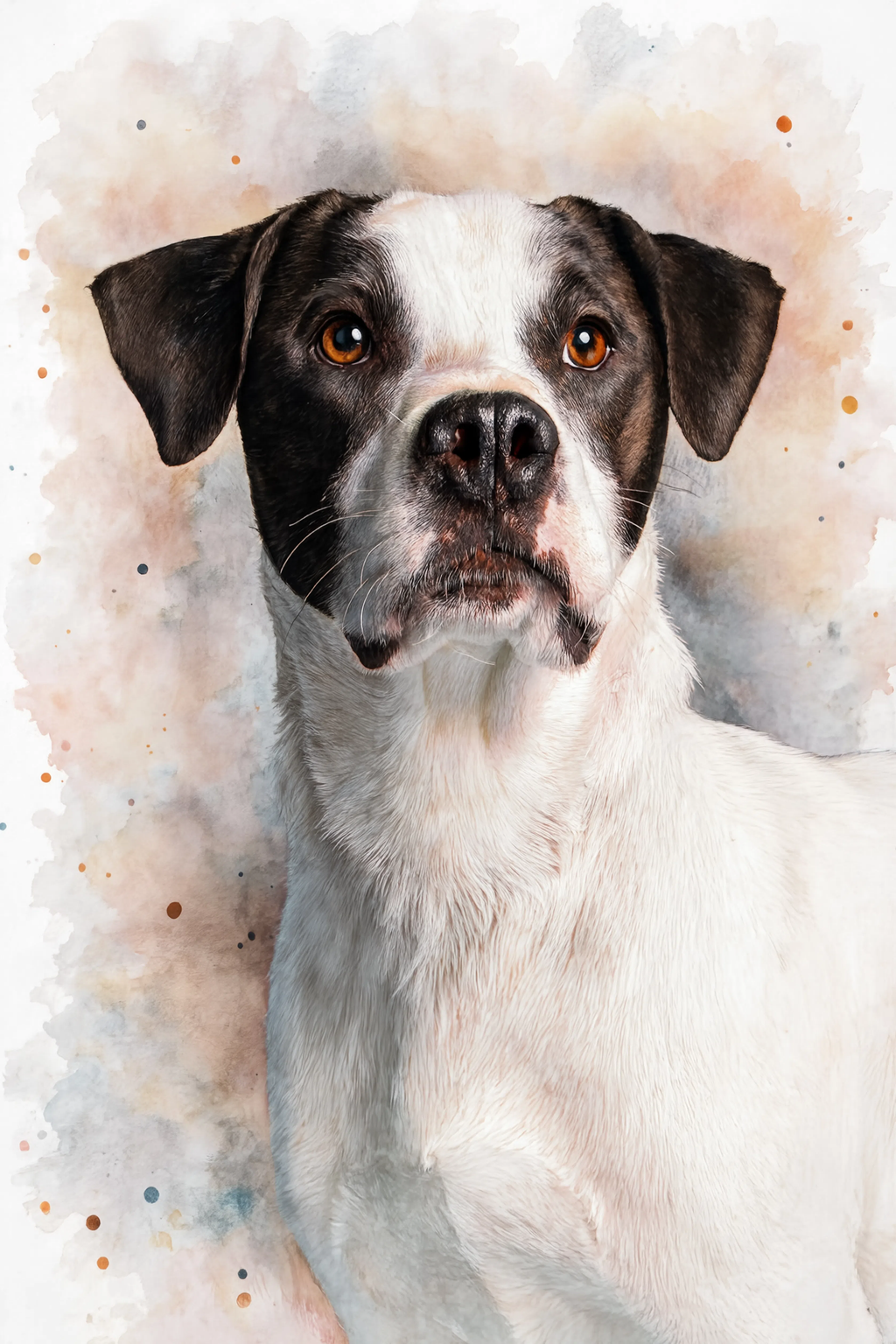 Artistic portrait of a dog with a watercolor background