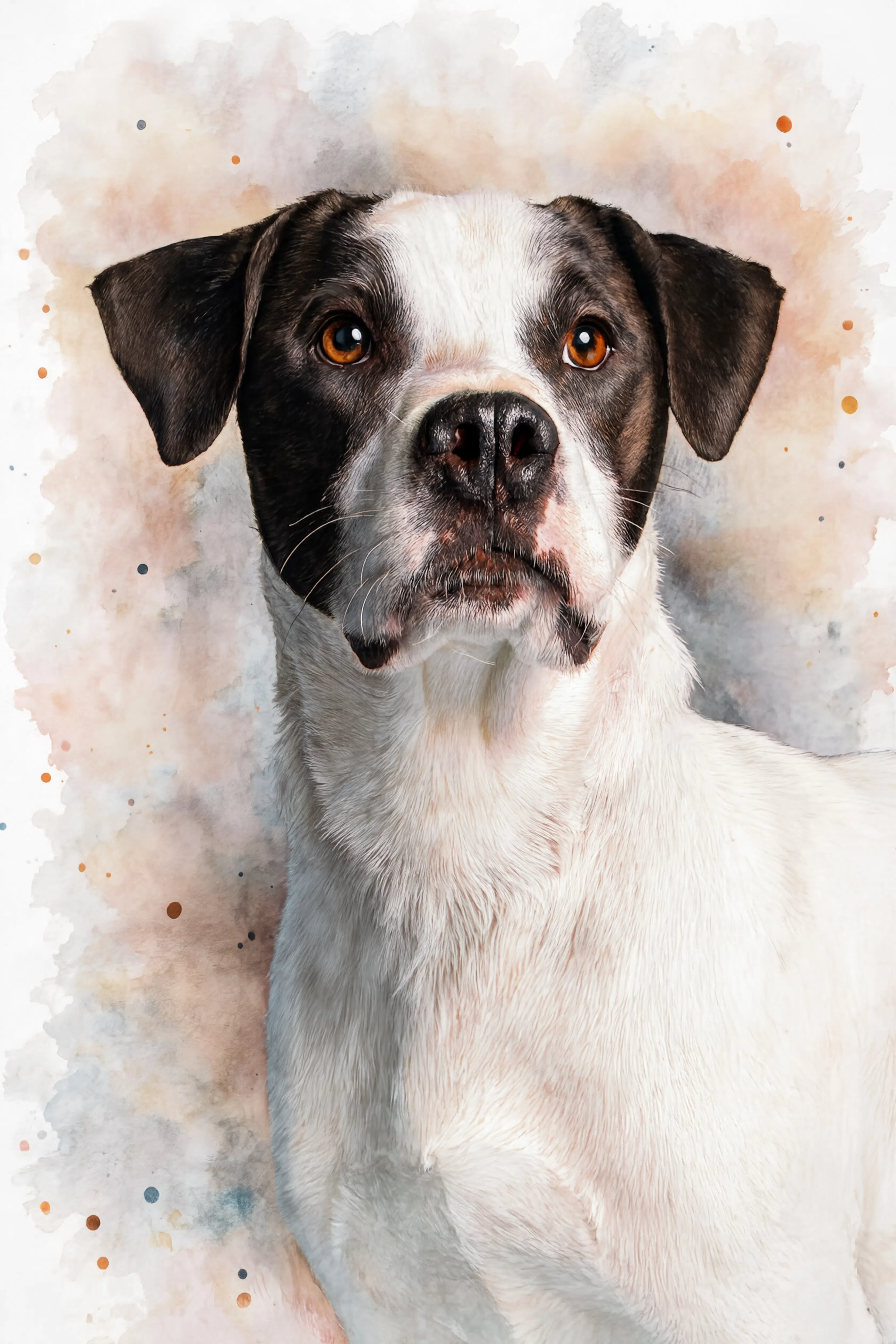 Artistic portrait of a dog with a watercolor background
