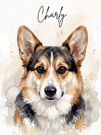 Watercolor-style portrait of a Corgi dog with the name 'Charly' written above in black script on a warm off-white background.