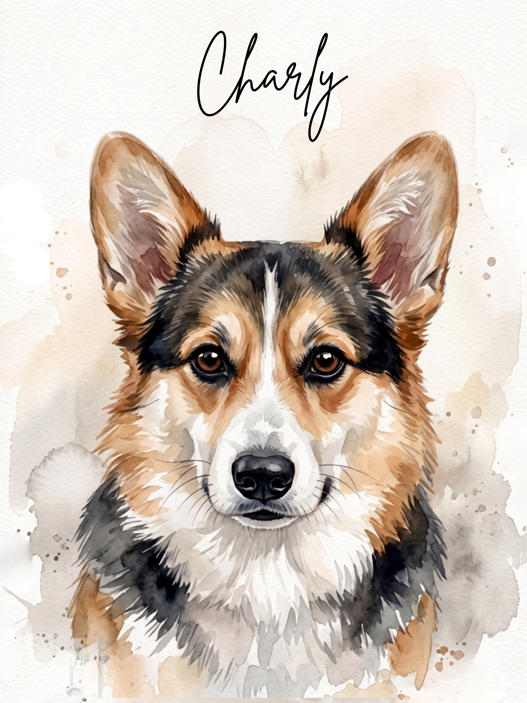 Watercolor-style portrait of a Corgi dog with the name 'Charly' written above in black script on a warm off-white background.