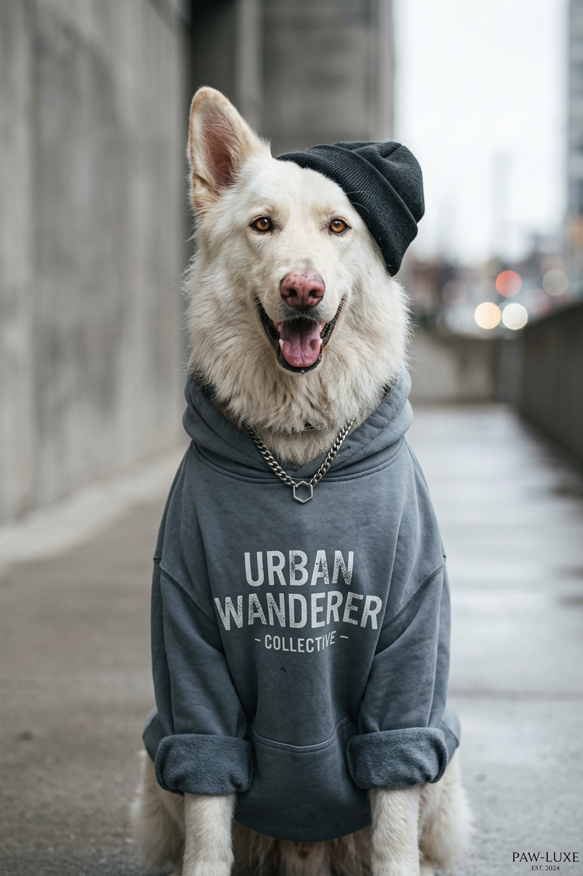 Dog wearing a gray hoodie with 'Urban Wanderer Collective' 