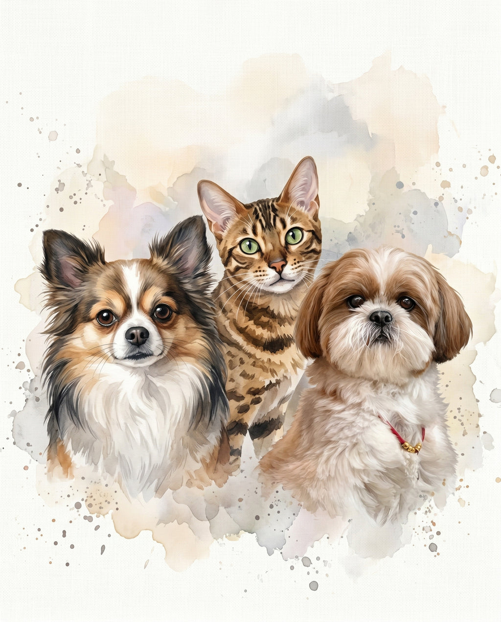 Personalized three-pet watercolor canvas print  — custom pet family portrait by PetArtHaus