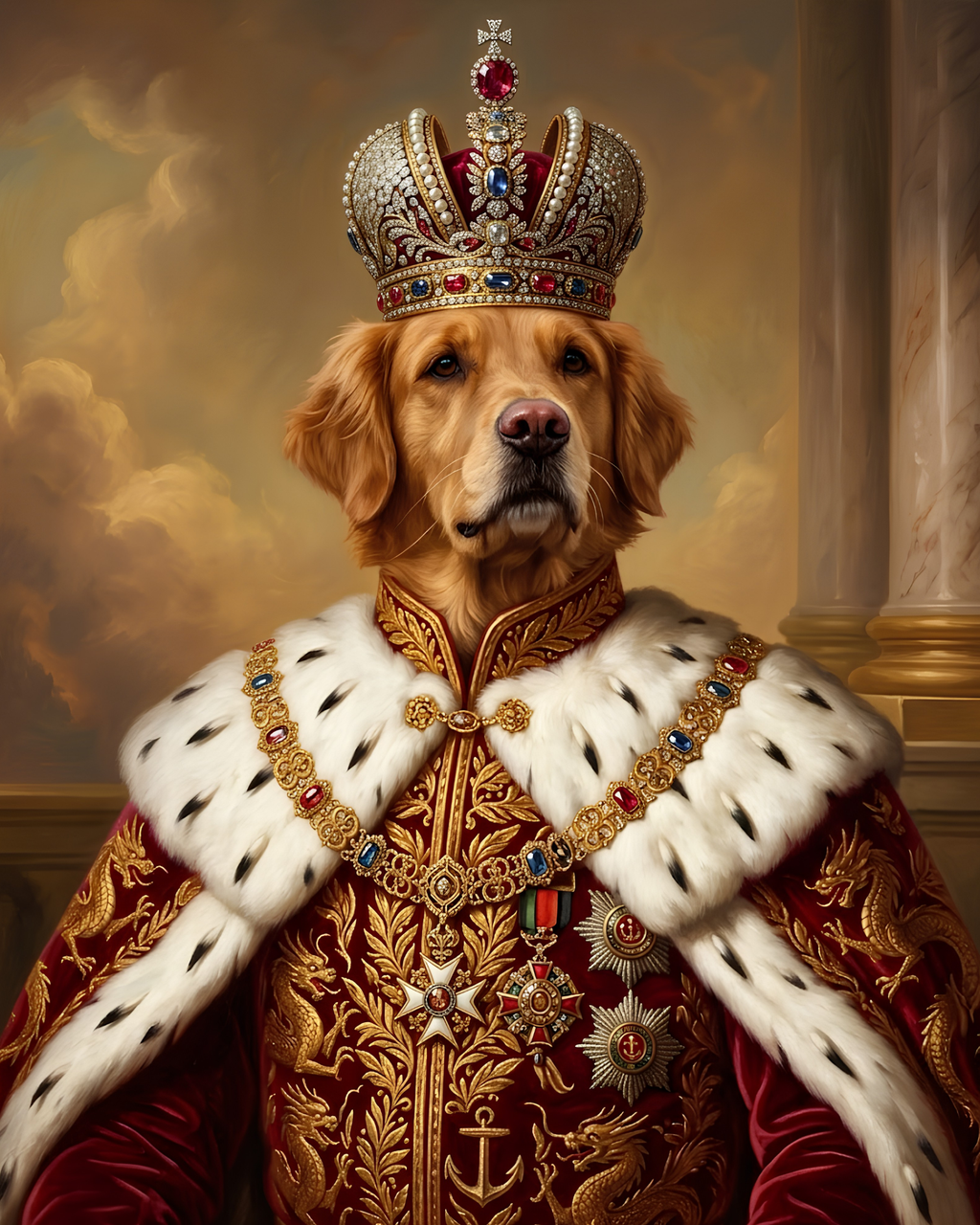Dog wearing a royal crown and robe with intricate designs