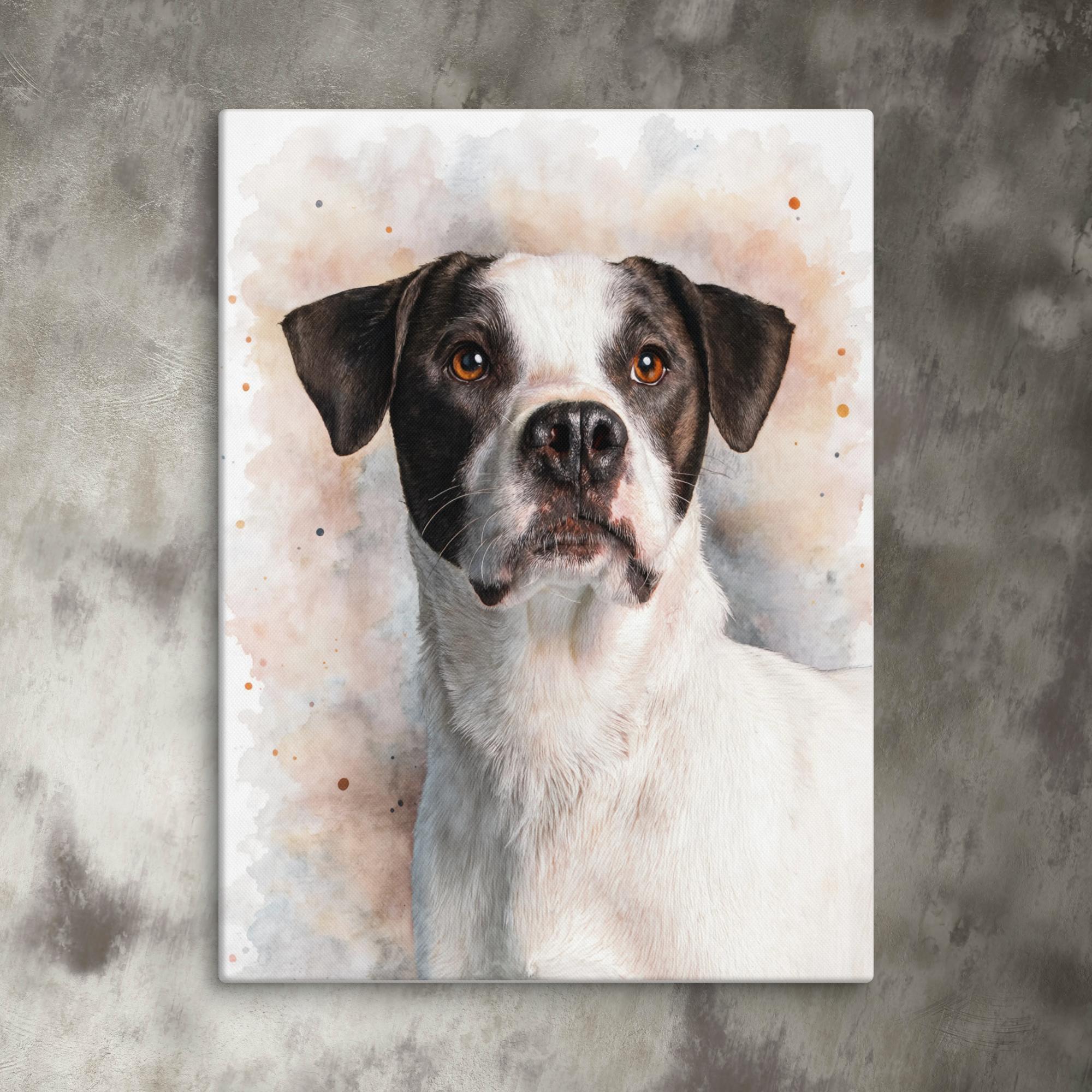 Canvas print of a dog's portrait on a textured wall.