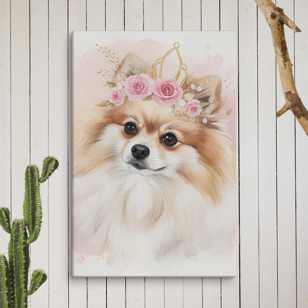 Pomeranian watercolor canvas print size comparison: 8x10, 12x16, 18x24, 24x36 inches