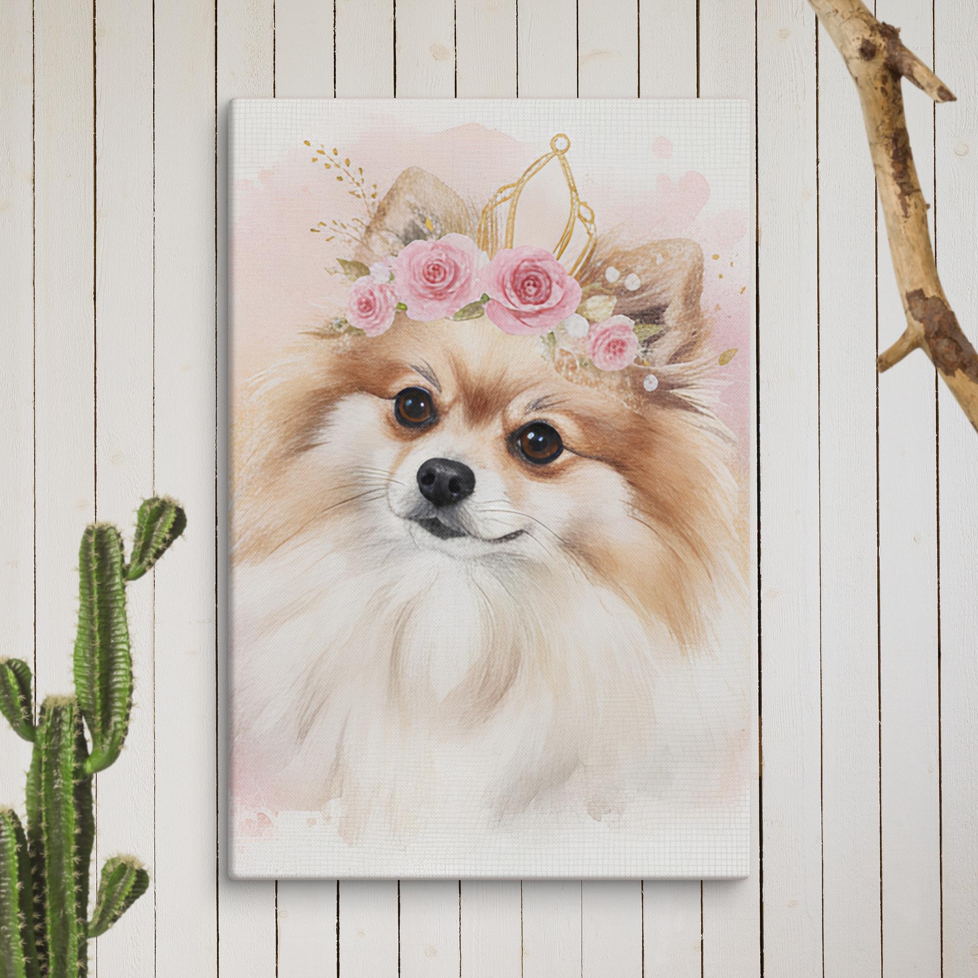 Pomeranian watercolor canvas print size comparison: 8x10, 12x16, 18x24, 24x36 inches
