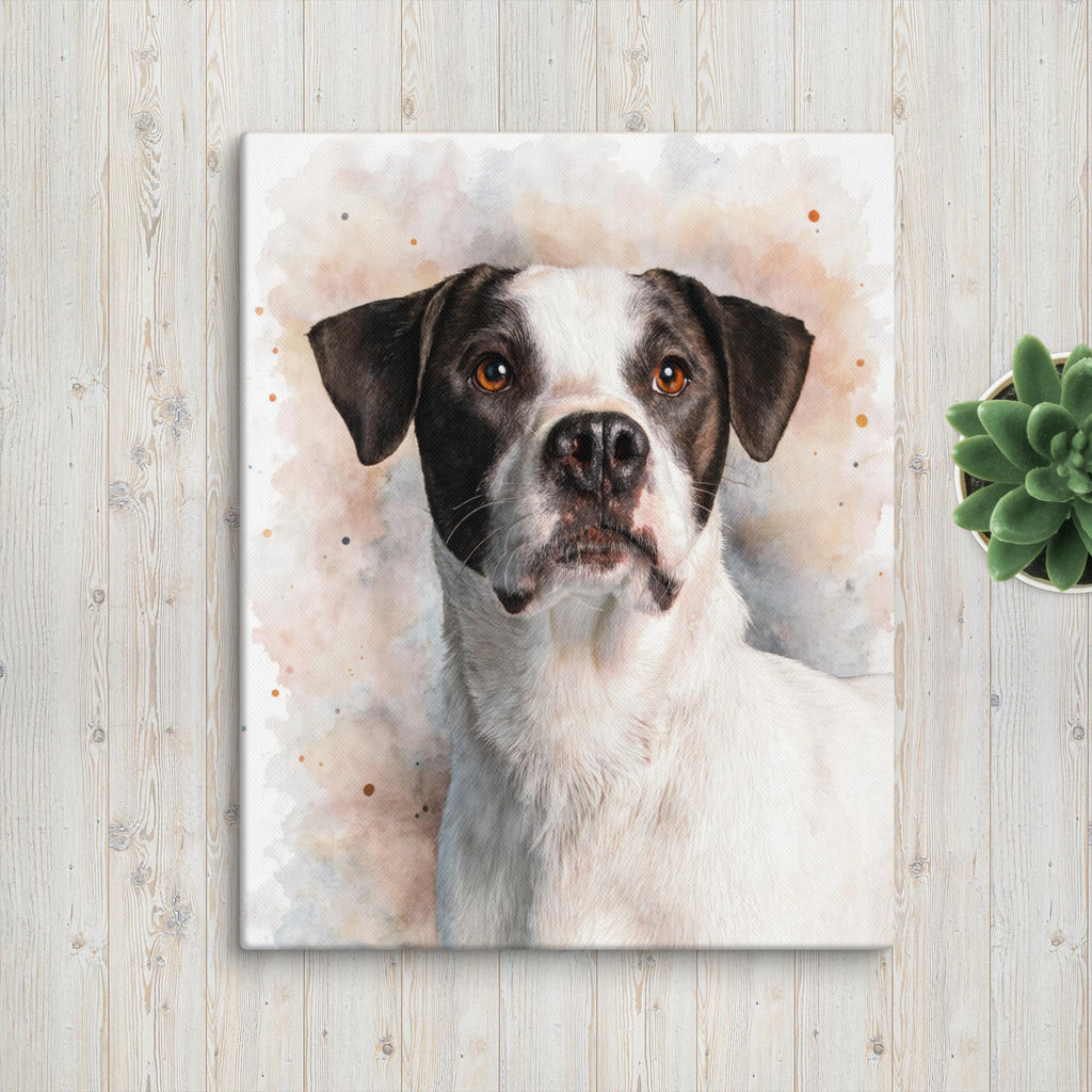 Canvas print of a dog's portrait on a wooden surface with a plant.