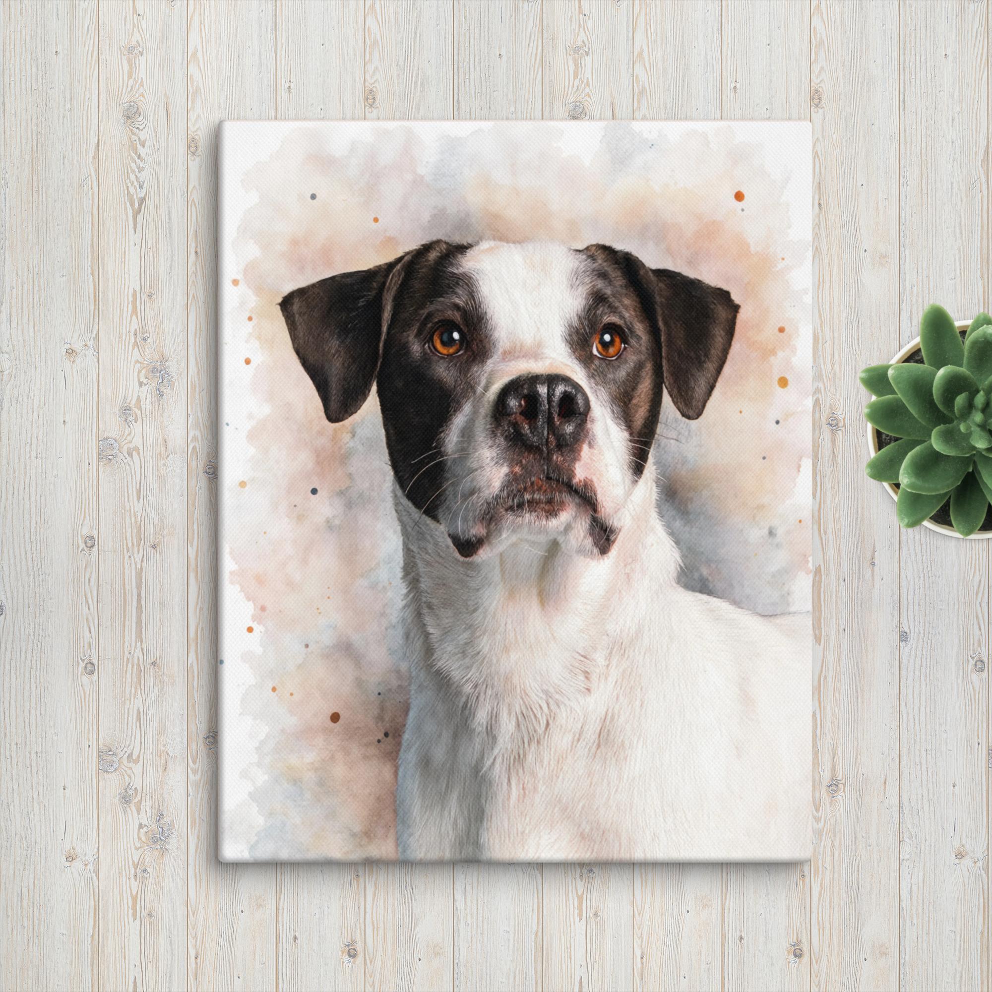 Canvas print of a dog's portrait on a wooden surface with a plant.