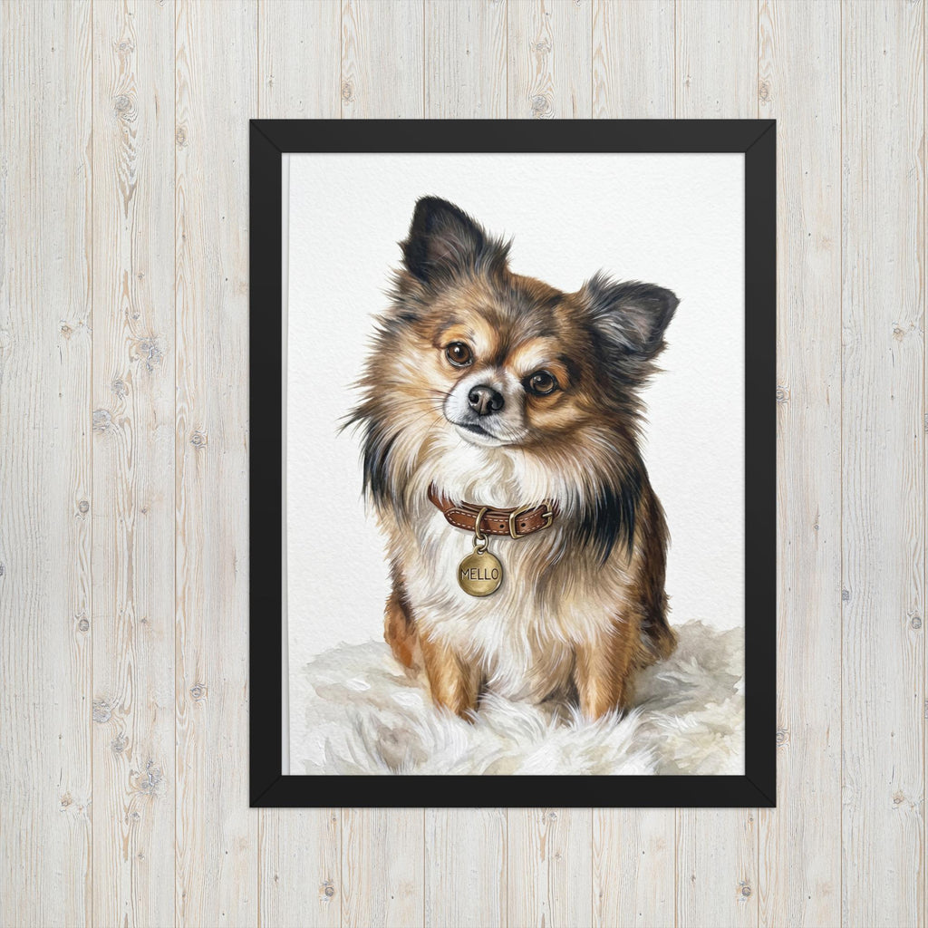 Framed artwork of a dog with a collar on a light wooden background