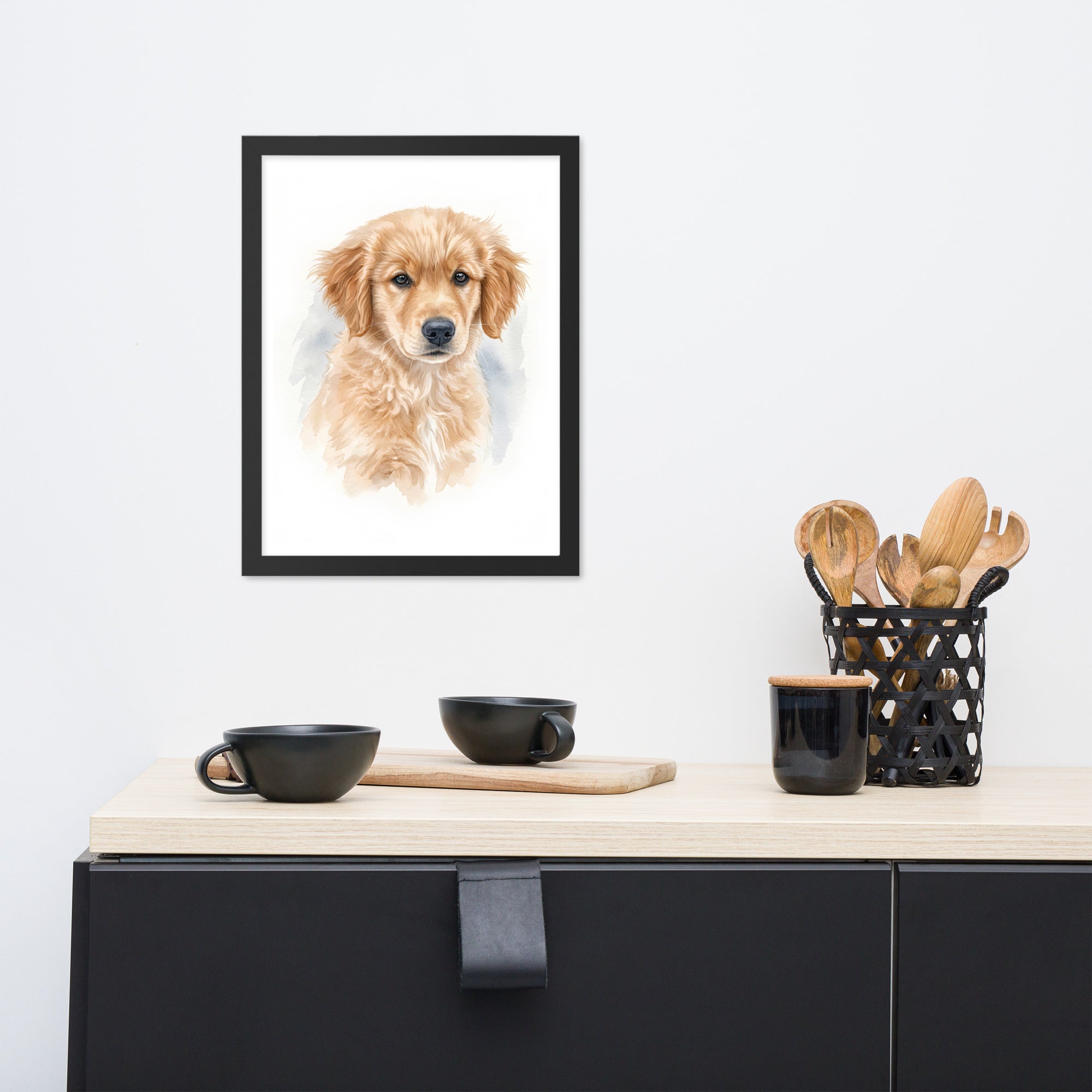 Custom cat portrait watercolor art in black frame, 16x20 inch