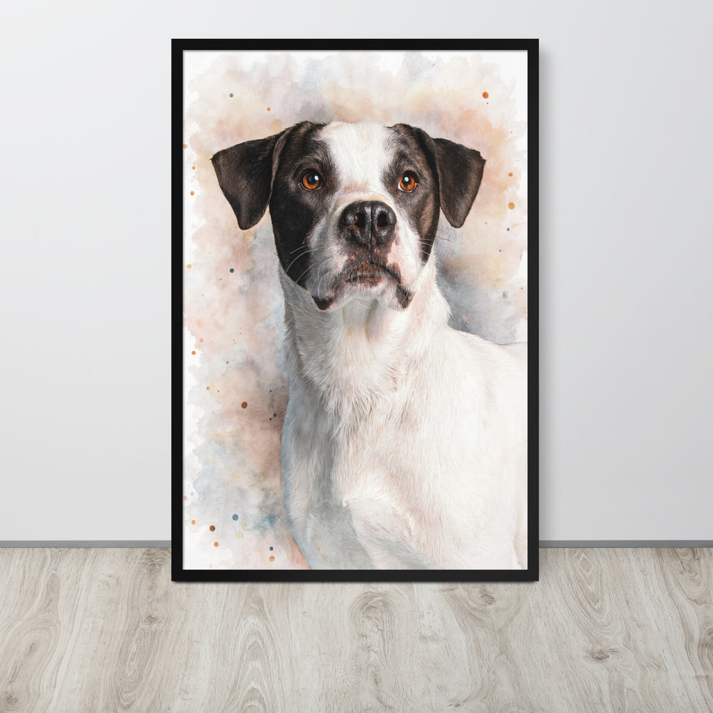 Framed artwork of a dog with a watercolor background on a wall.