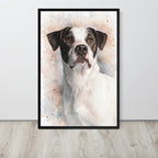 Framed artwork of a dog with a watercolor background on a wall.