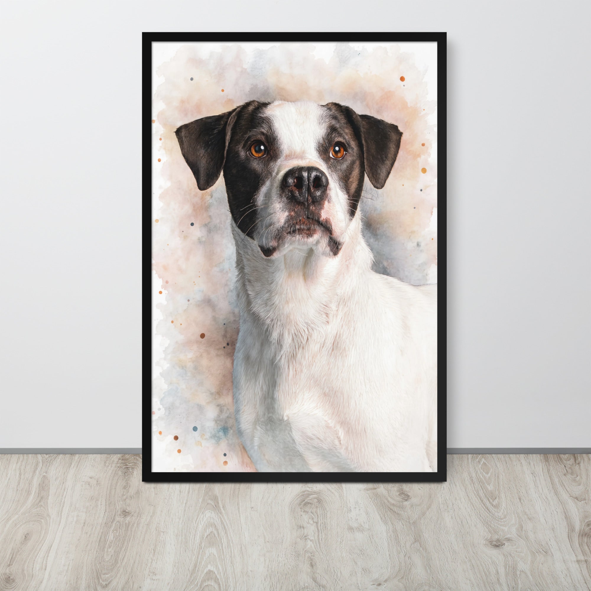 Framed artwork of a dog with a watercolor background on a wall.