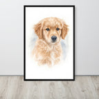 Large custom pet portrait watercolor print in black frame, 24x36