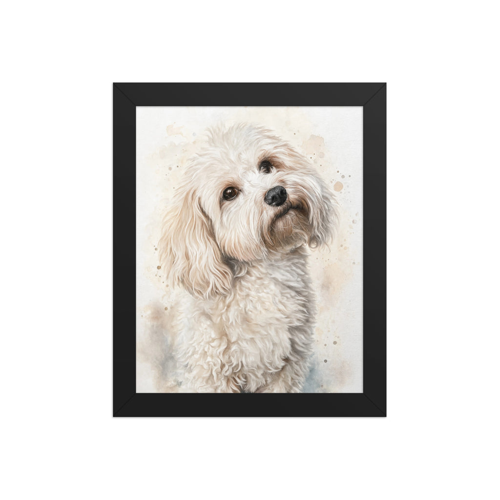Framed watercolor dog portrait in black frame — artist pet portrait from photo 8x10