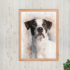 Framed portrait of a dog on a wooden wall with a plant in the corner