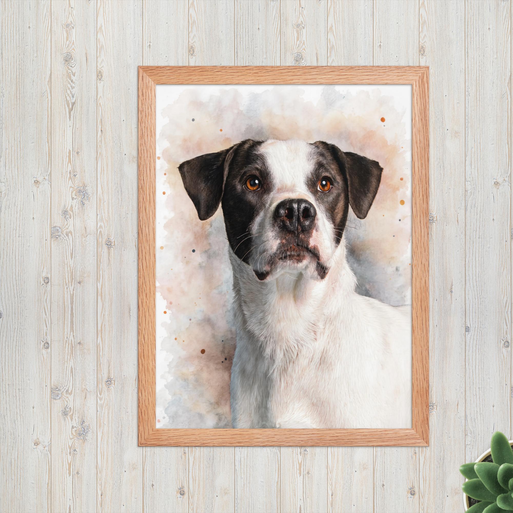 Framed portrait of a dog on a wooden wall with a plant in the corner