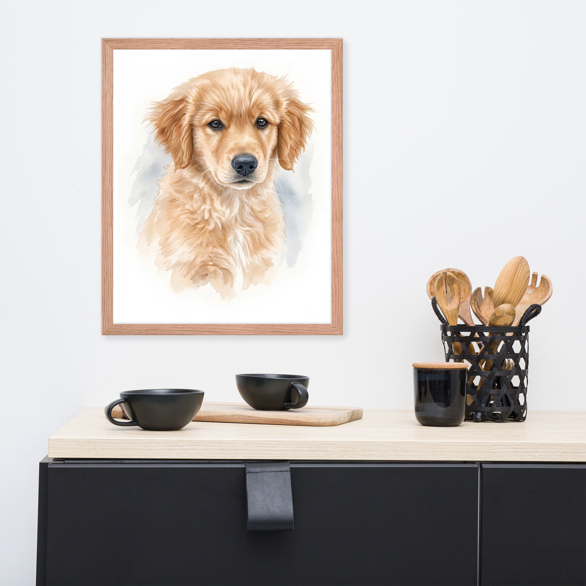 Personalized pet watercolor portrait, red oak frame 16x20 inch