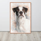 Personalized watercolor pet portrait hanging on living room wall – custom dog portrait gift