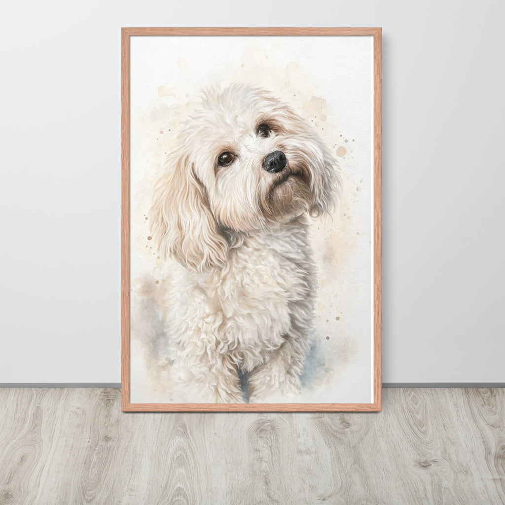 Watercolor pet portrait canvas leaning against wall — custom dog portrait gift idea 24x36