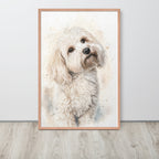Watercolor pet portrait canvas leaning against wall — custom dog portrait gift idea 24x36