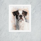 Framed portrait of a dog with a watercolor background on a textured wall.