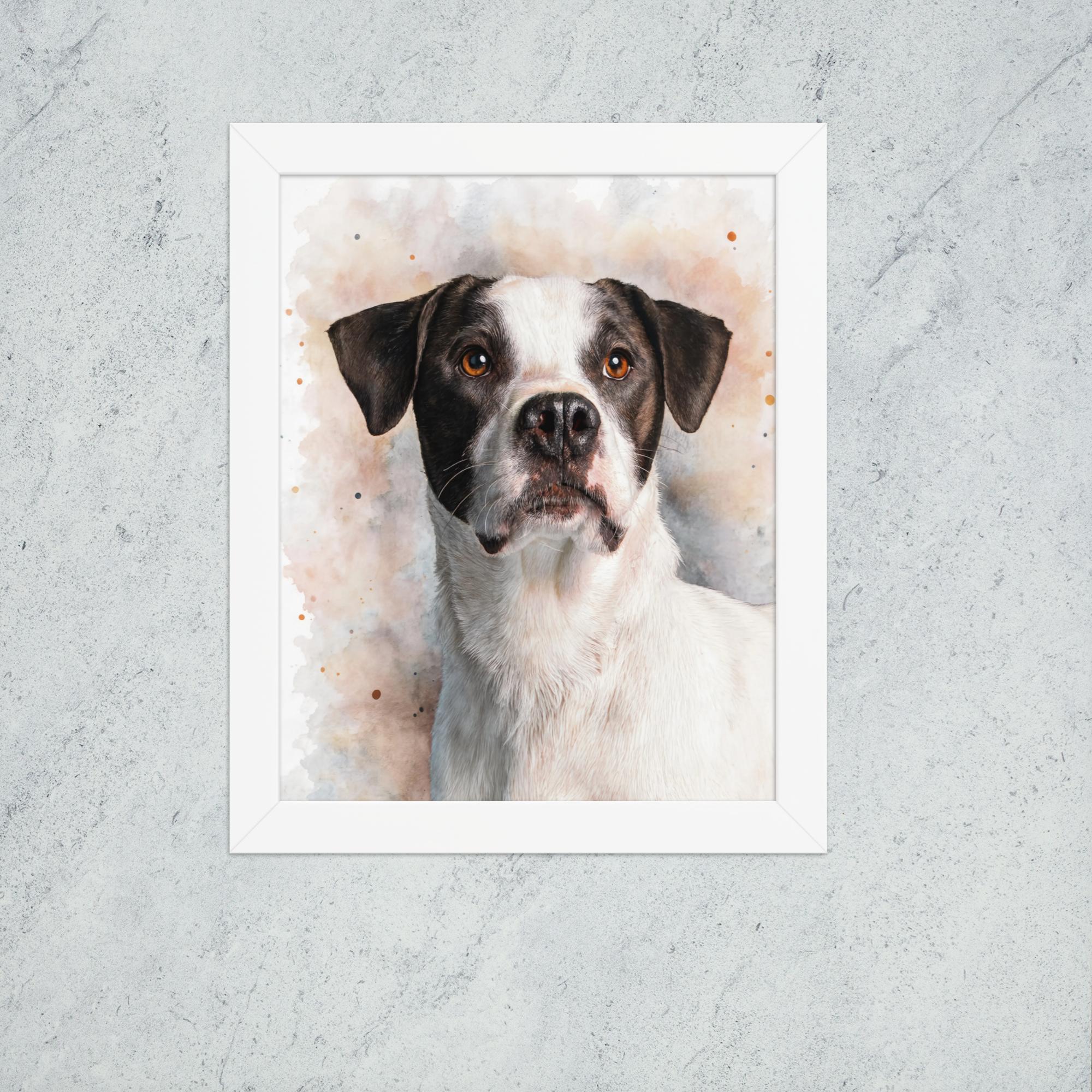 Framed portrait of a dog with a watercolor background on a textured wall.